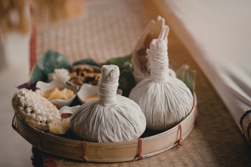 Thai herbal compresses in a basket